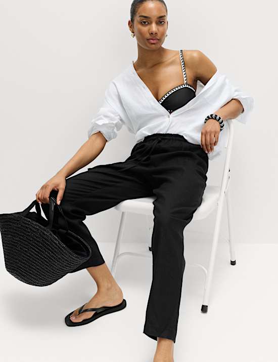 Linen Rich Elasticated Waist Tapered Trousers