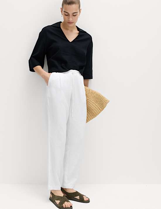 Linen Rich Elasticated Waist Tapered Trousers
