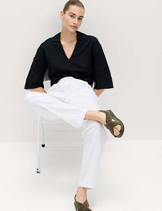 Linen Rich Elasticated Waist Tapered Trousers