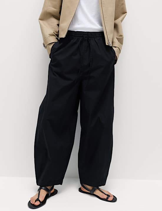 Pure Cotton Drawstring Barrel Leg Ankle Grazer Trousers