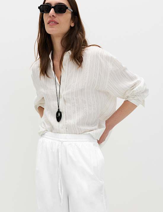 מכנסיים מכותנה טהורה גזרת בארל ובאורך הקרסול עם שרוך הידוק