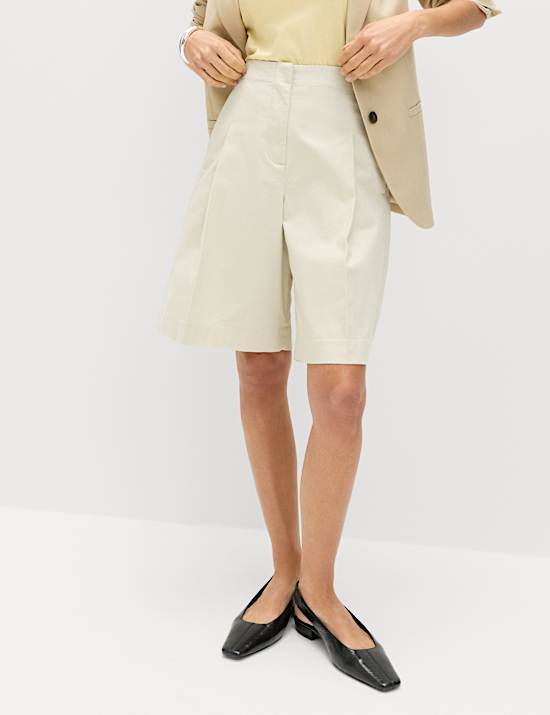 Cotton Rich High Waisted Pleat Front Bermuda Shorts