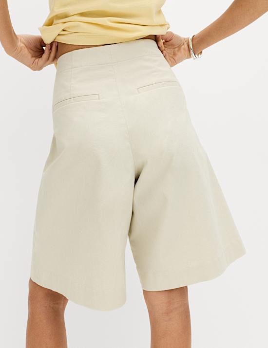 Cotton Rich High Waisted Pleat Front Bermuda Shorts