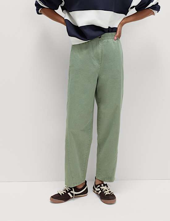 Pure Cotton Elasticated Waist Carrot Leg Trousers