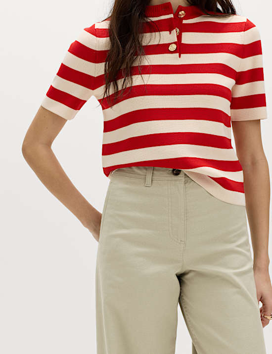 Chino coupe large &agrave; revers en coton