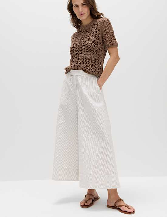 Seersucker Cropped Palazzo Trousers