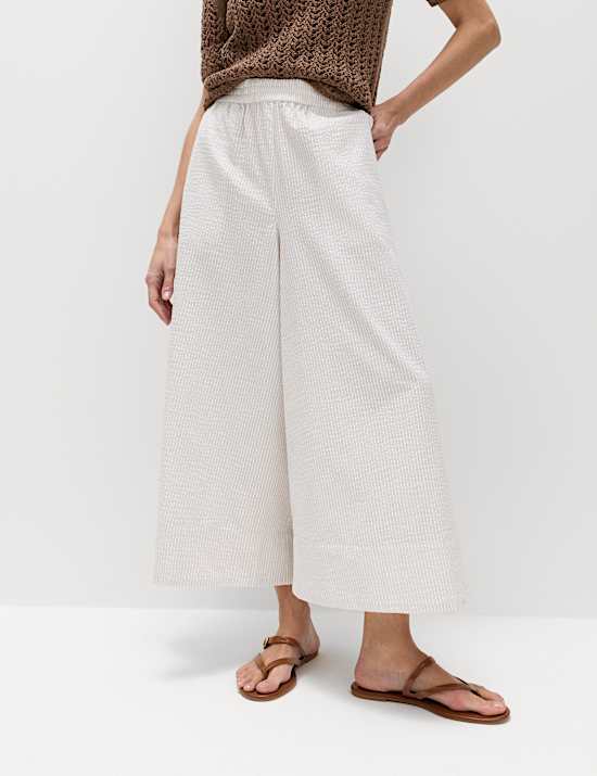 Seersucker Cropped Palazzo Trousers