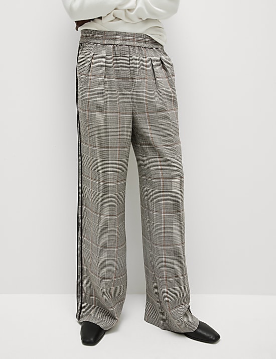 Checked Pull On Wide Leg Trousers