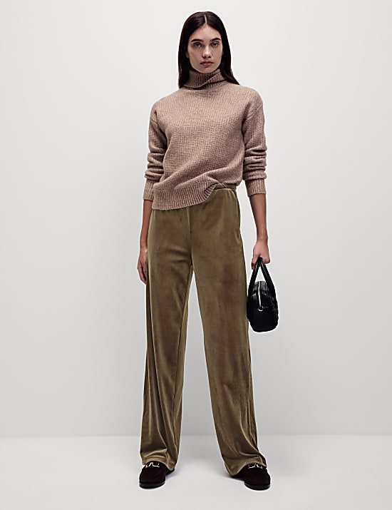Velour Drawstring Wide Leg Trousers
