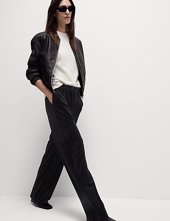 Velour Drawstring Wide Leg Trousers