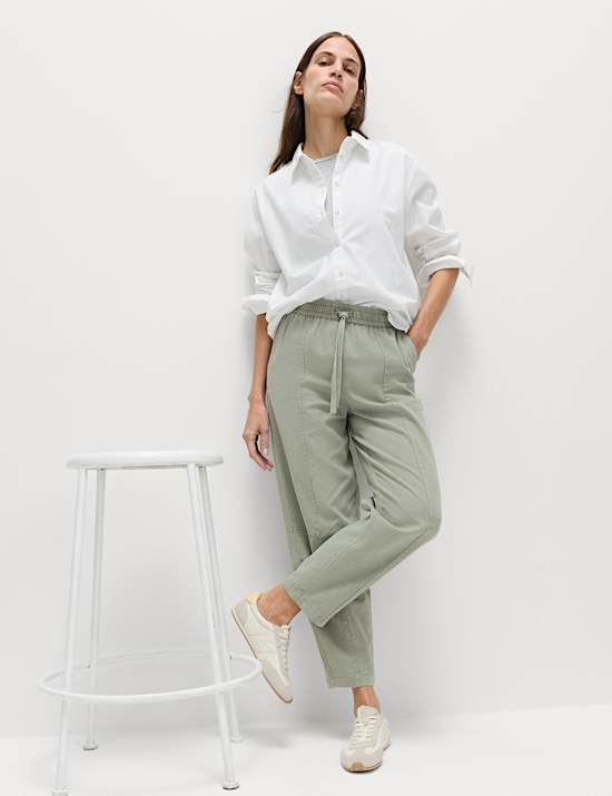Cotton Blend Pull On Tapered Trousers