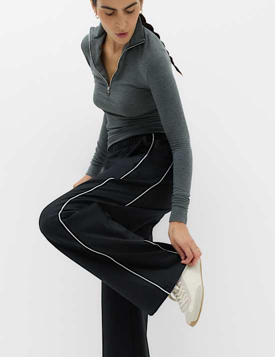 Ponte Side Stripe Drawstring Wide Leg Joggers