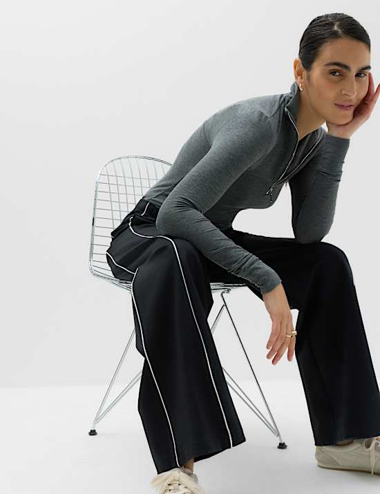 Ponte Side Stripe Drawstring Wide Leg Joggers