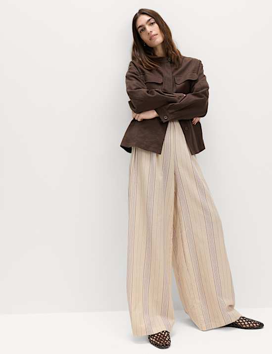 Striped Wide Leg Trousers with Linen
