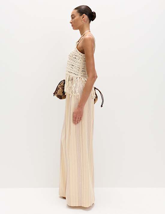Striped Wide Leg Trousers with Linen