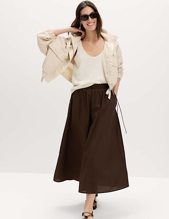 Pure Cotton Poplin Tie Side Midi Skirt
