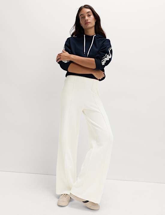 Cotton Blend Cosy Rib Pintuck Wide Leg Trousers