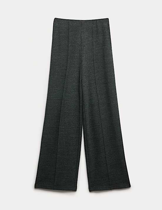 Cotton Blend Cosy Rib Pintuck Wide Leg Trousers