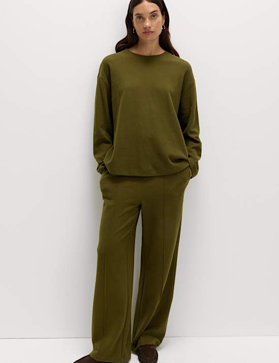Cotton Blend Cosy Rib Pintuck Wide Leg Trousers