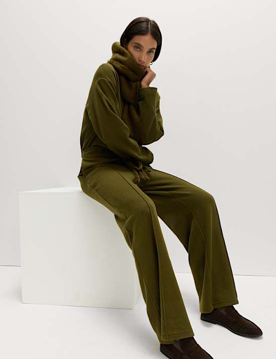 Cotton Blend Cosy Rib Pintuck Wide Leg Trousers