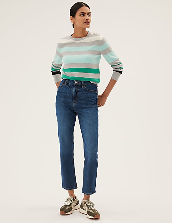 Cotton Blend Straight Leg Ankle Grazer Jeans