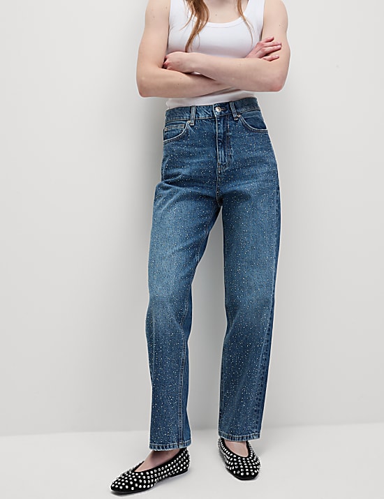 Jean taille haute longueur cheville à décoration