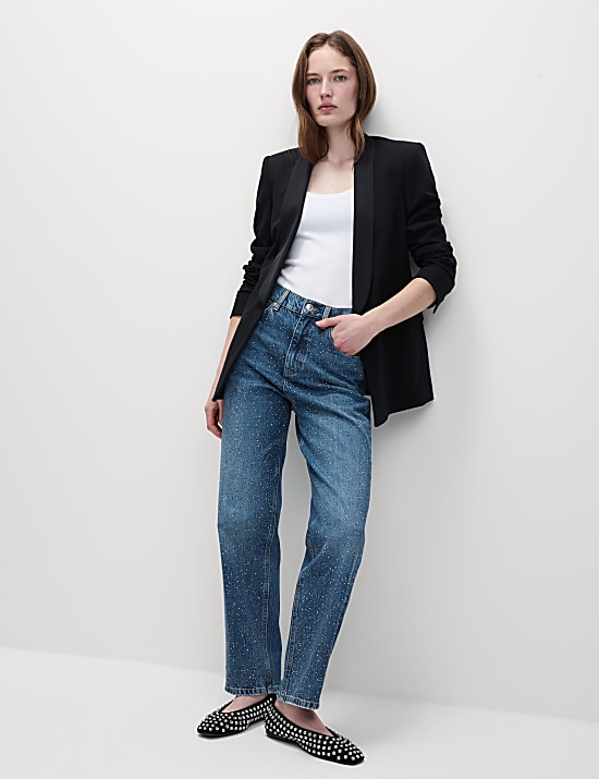 Jean taille haute longueur cheville à décoration