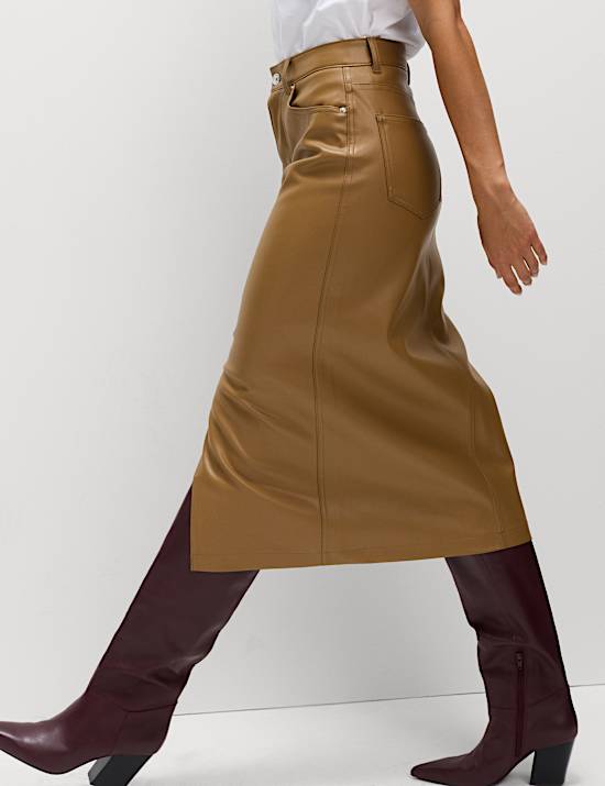 Faux Leather Midi Split Front A-Line Skirt