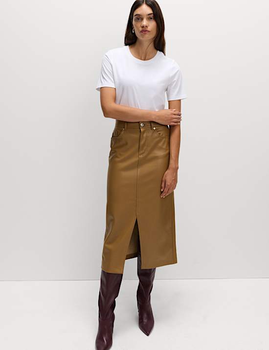 Faux Leather Midi Split Front A-Line Skirt