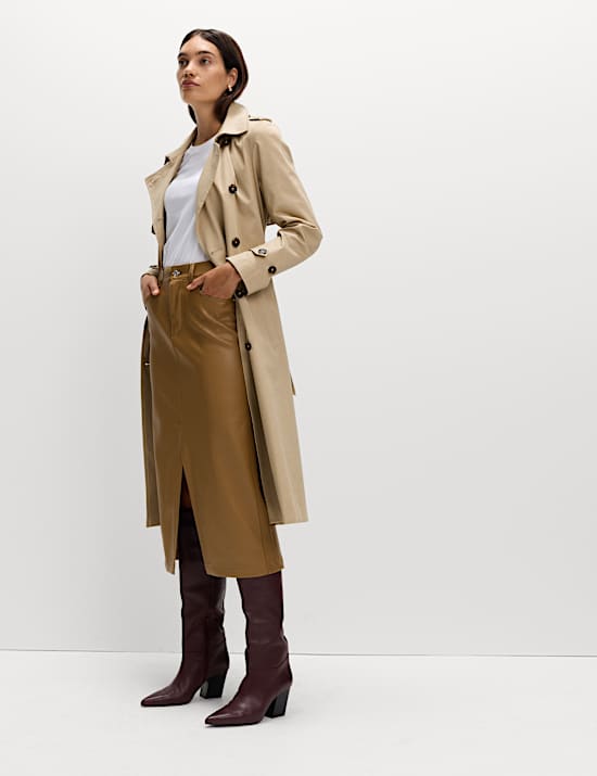 Faux Leather Midi Split Front A-Line Skirt