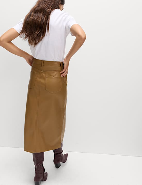 Faux Leather Midi Split Front A-Line Skirt