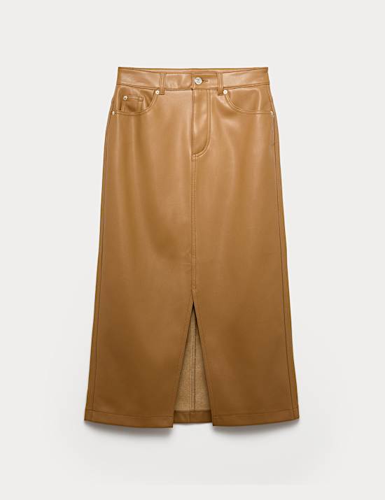 Faux Leather Midi Split Front A-Line Skirt