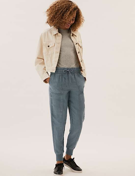 Drawstring Cuffed Tapered Trousers with Linen
