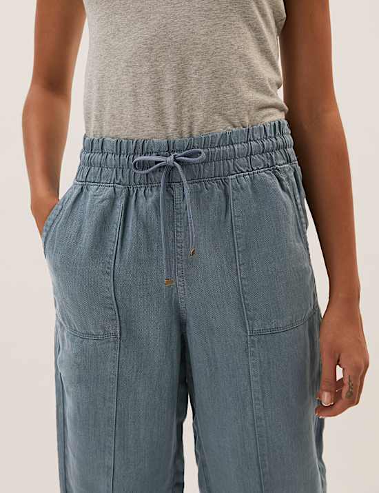 Drawstring Cuffed Tapered Trousers with Linen