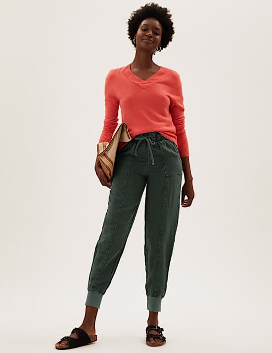 Drawstring Cuffed Tapered Trousers with Linen