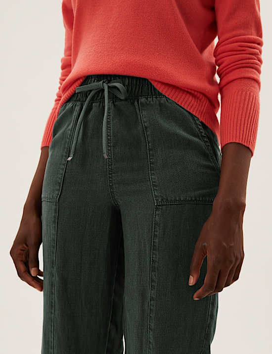 Drawstring Cuffed Tapered Trousers with Linen