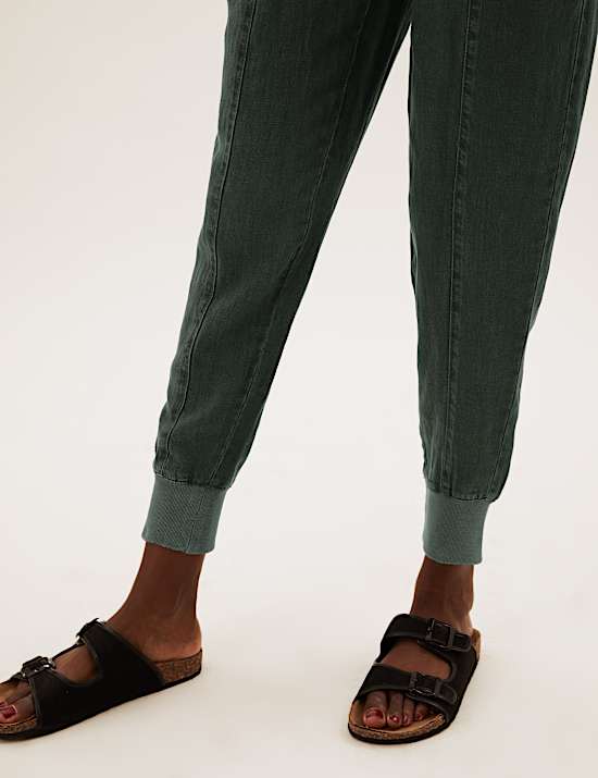Drawstring Cuffed Tapered Trousers with Linen