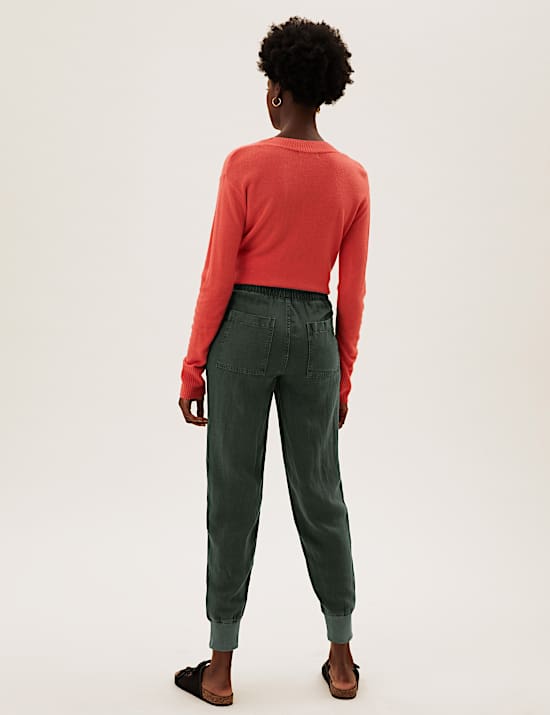 Drawstring Cuffed Tapered Trousers with Linen