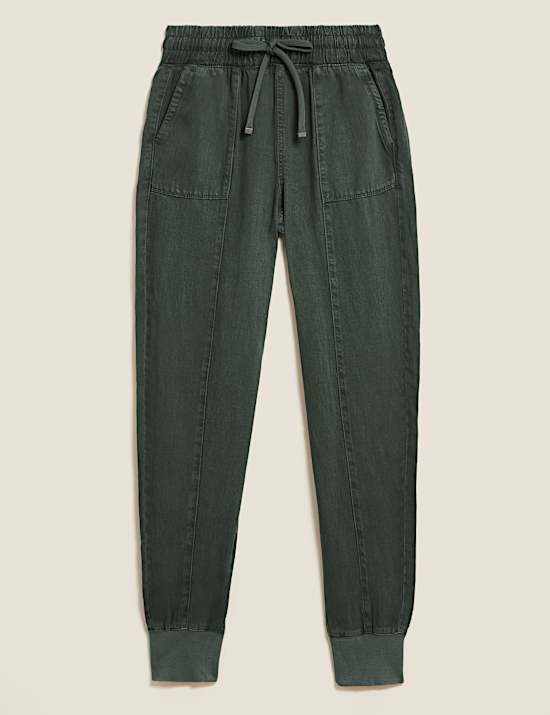 Drawstring Cuffed Tapered Trousers with Linen