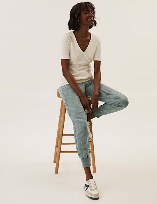 Drawstring Cuffed Tapered Trousers with Linen