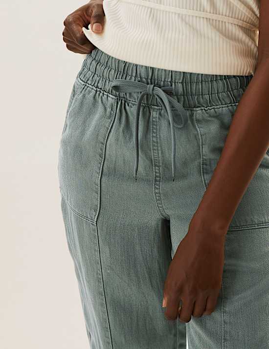 Drawstring Cuffed Tapered Trousers with Linen