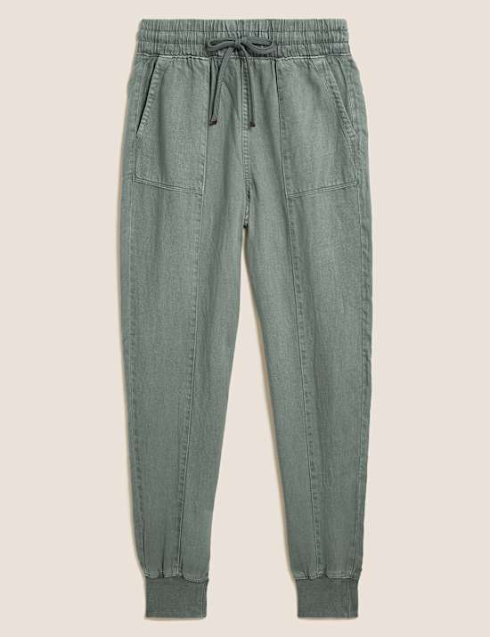 Drawstring Cuffed Tapered Trousers with Linen
