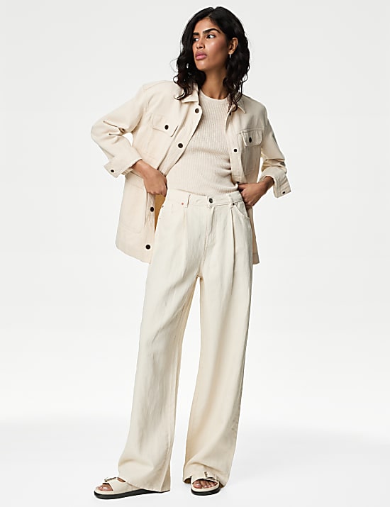 Linen Blend High Waisted Wide Leg Jeans