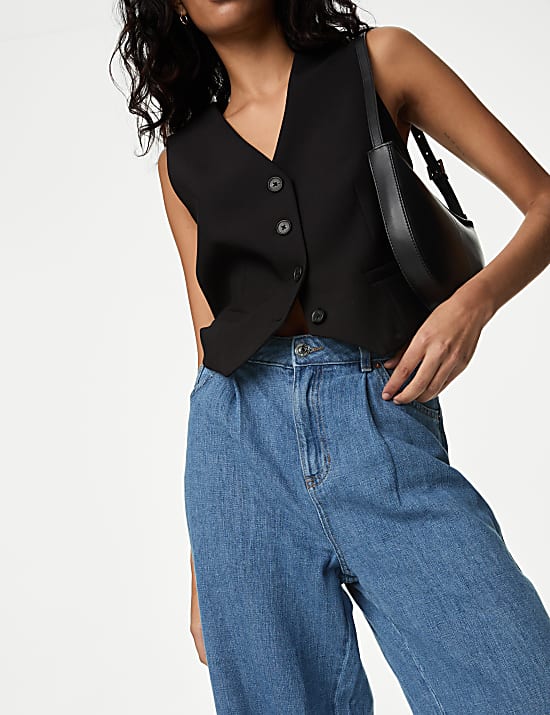 Linen Blend High Waisted Wide Leg Jeans