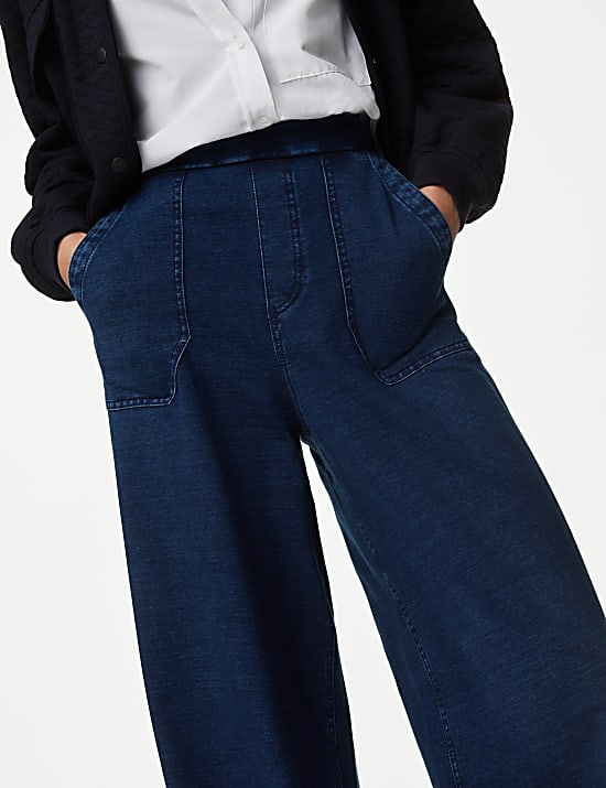 Denim Elasticated Waist Wide Leg Trousers MEDIUM INDIGO Trousers M S JP