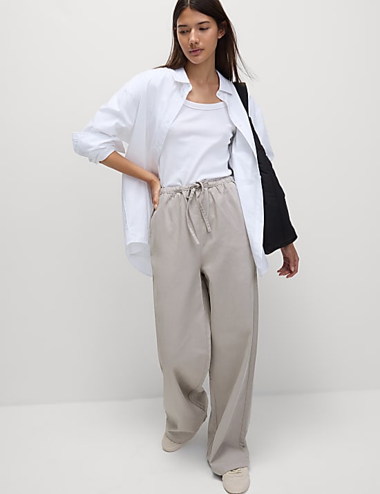 Denim Drawstring Wide-Leg Trousers