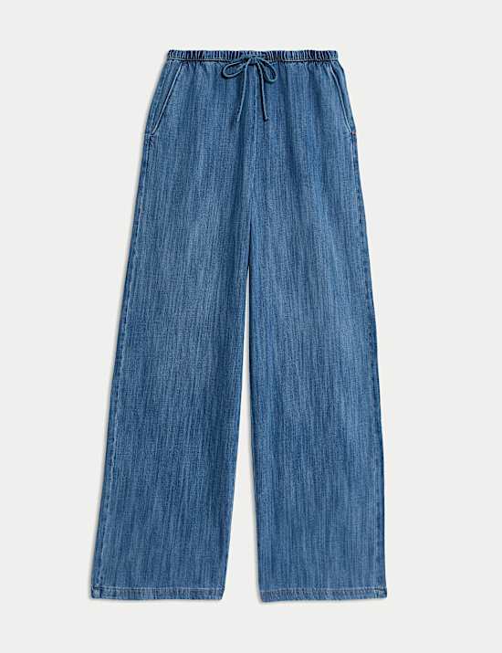 Denim Drawstring Wide-Leg Trousers