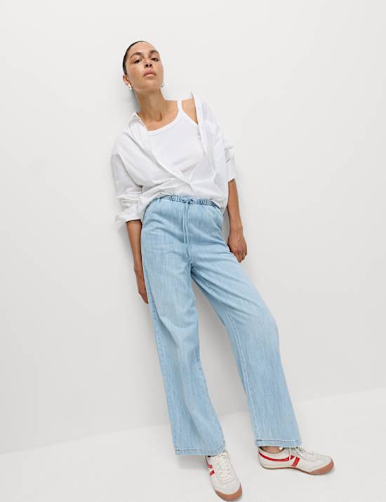 Cotton Rich Drawstring Wide Leg Trousers