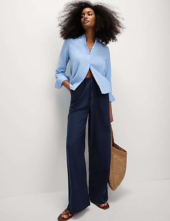 Linen Blend Wide Leg Trousers