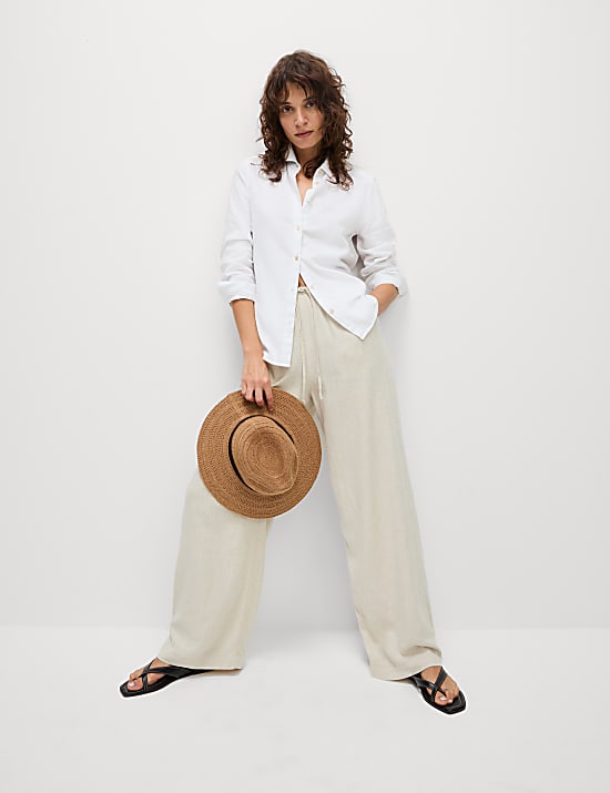 Linen Blend Wide Leg Trousers